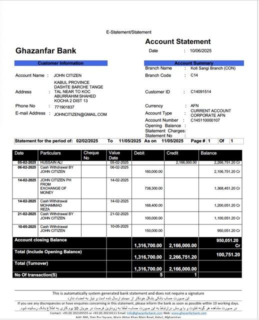 Premium Herunterladen Afghanistan Ghazanfar Bank Konto Kontoauszug Photoshop Vorlage