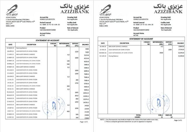 Premium Herunterladen Afghanistan Azizi Bank Kontoauszug von Konto Photoshop Vorlage