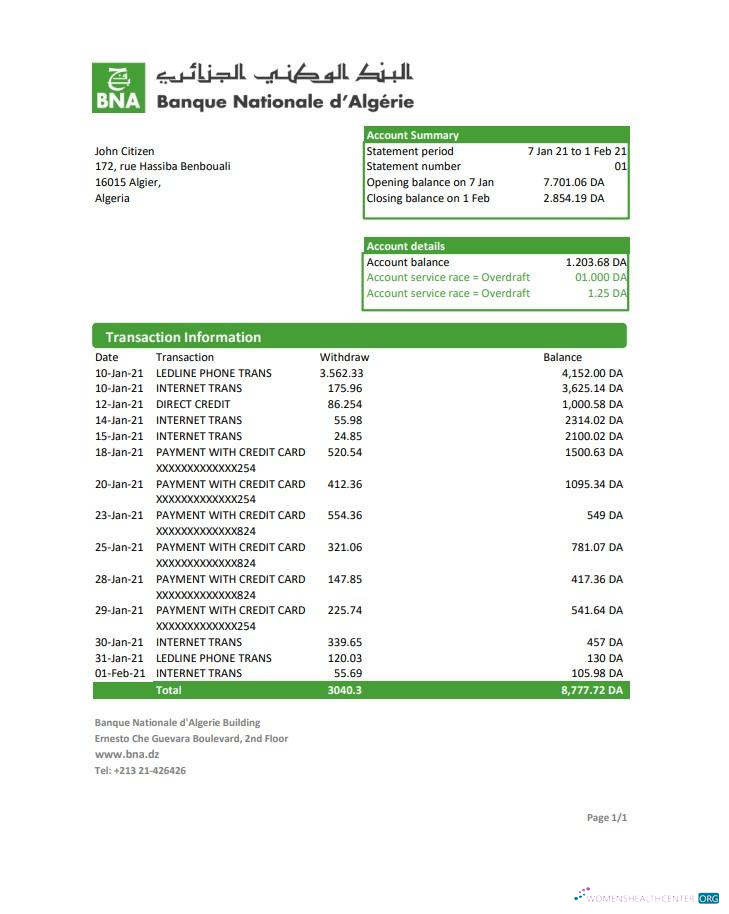 Professionelle Herunterladen Algerien Banque Nationale D’Algérie (BNA) Bank Kontoauszug Excel Photoshop Vorlage