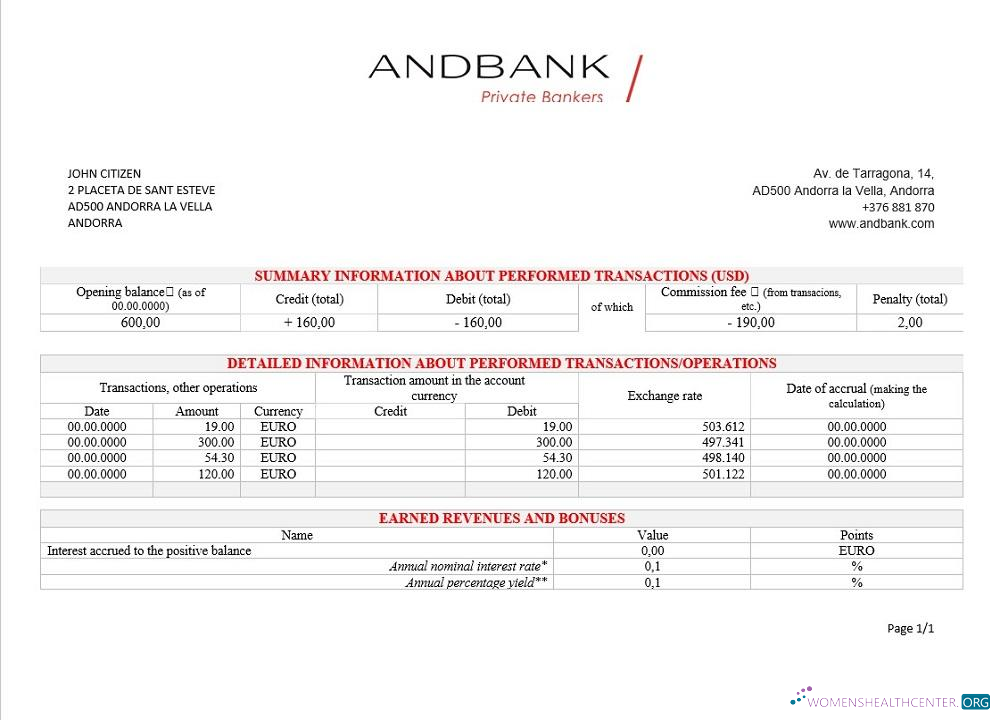 Hochwertige Herunterladen Andorra Andbank Bank Kontoauszug Photoshop Vorlage