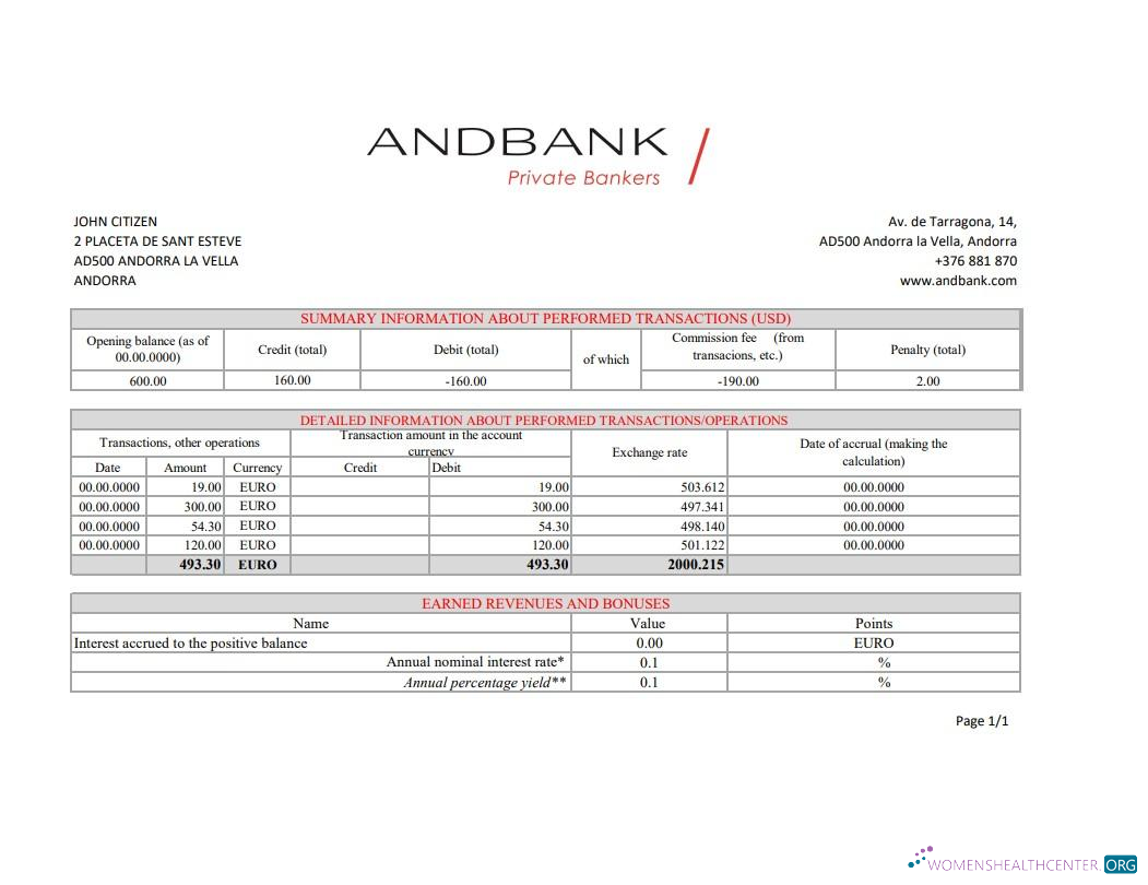 Realistische Herunterladen Andorra Andbank Bank Kontoauszug Excel Photoshop Vorlage