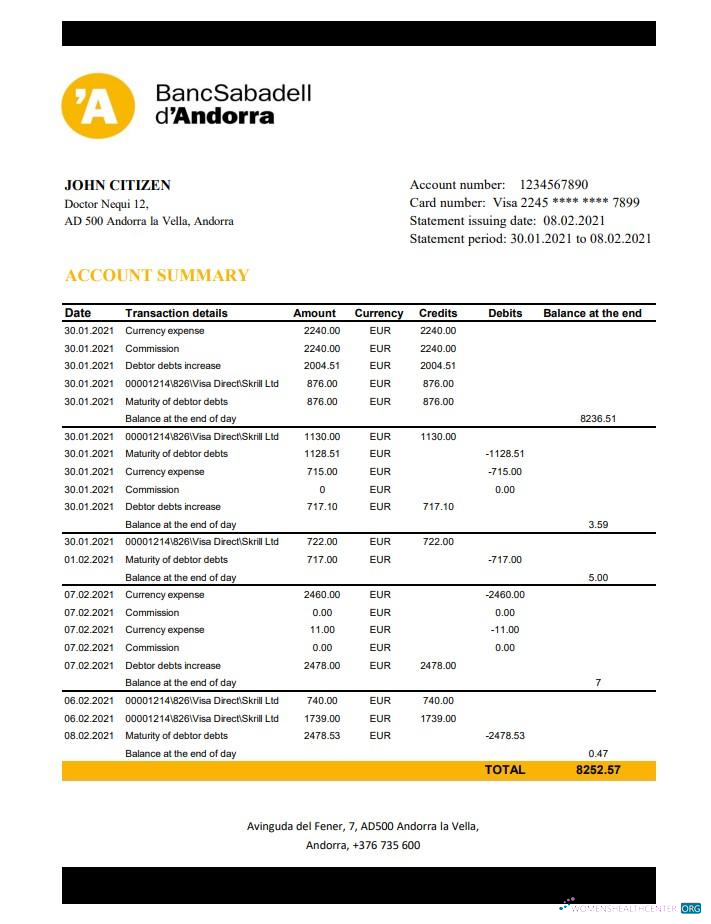 Editierbare Herunterladen Andorra BancSabadell D’Andorra Bank Kontoauszug Excel Photoshop Vorlage