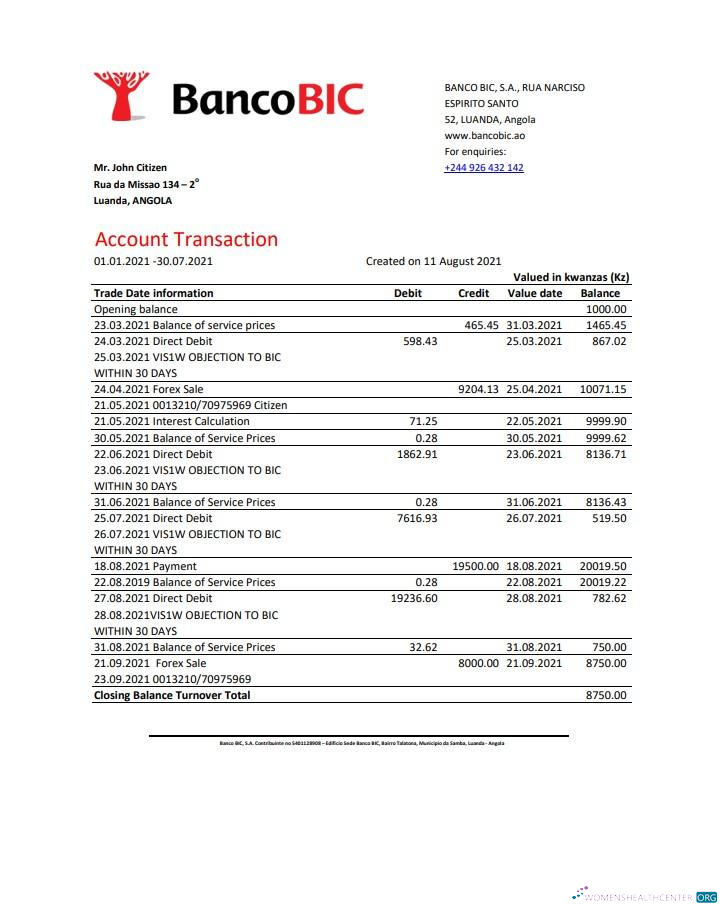 Hochwertige Herunterladen Angola Banco BIC Bank Kontoauszug Excel Photoshop Vorlage