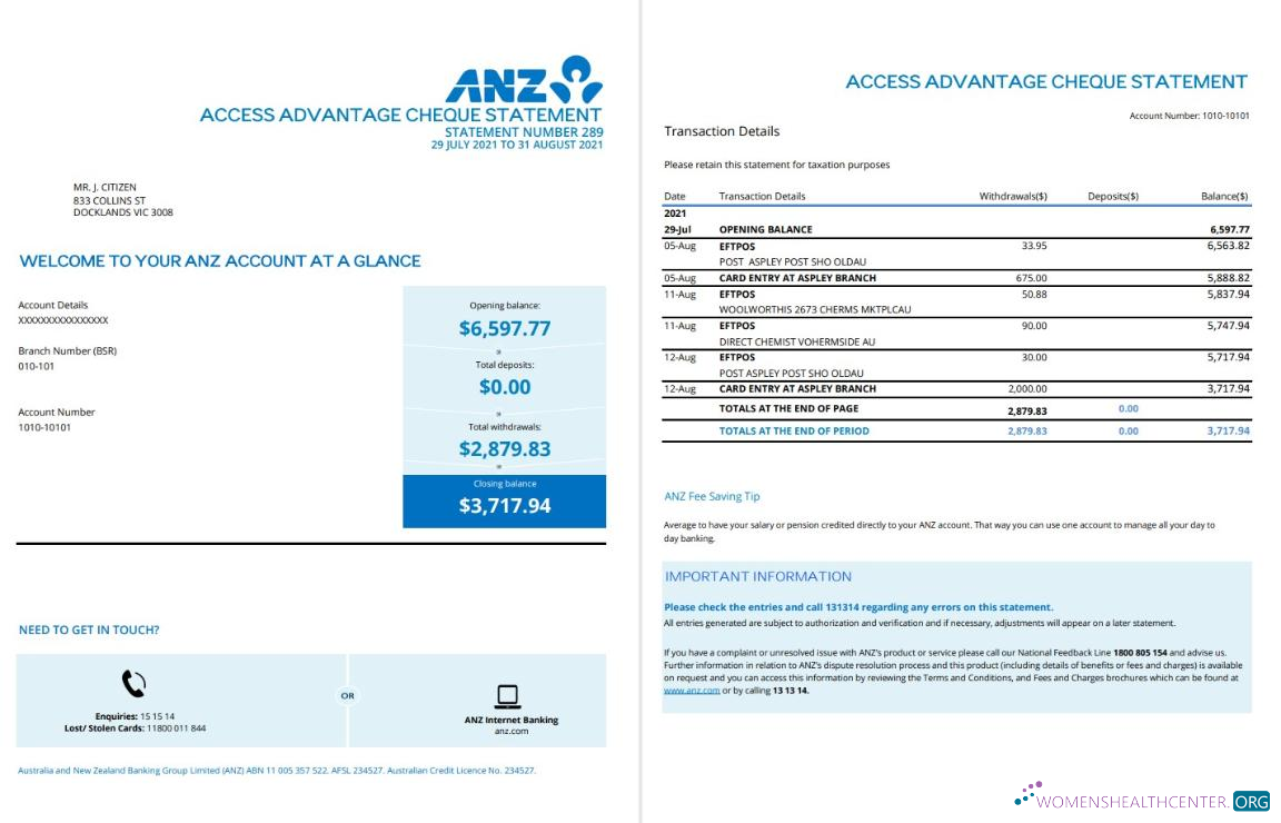 Professionelle Herunterladen Australien ANZ Nachweis von Adresse Bank Kontoauszug 2 Seiten Photoshop Vorlage