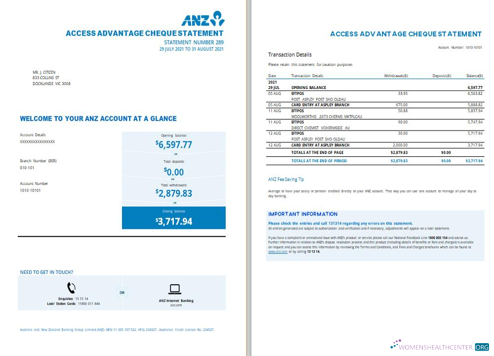 Hochwertige Herunterladen Australien ANZ Nachweis von Adresse Bank Kontoauszug.1 Photoshop Vorlage