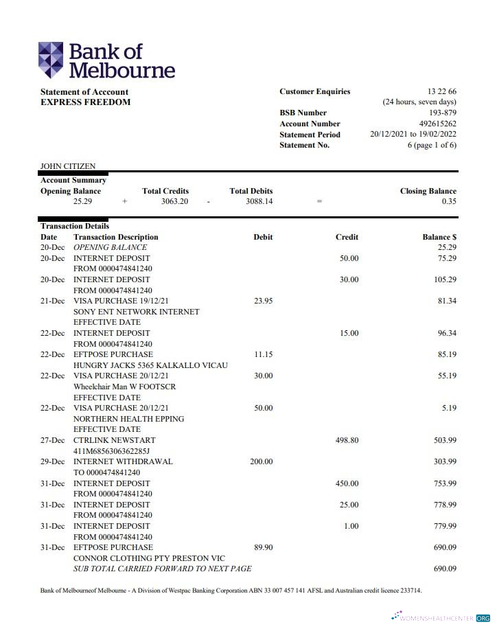 Hochwertige Herunterladen Australien Bank von Melbourne Bank Konto Kontoauszug Photoshop Vorlage