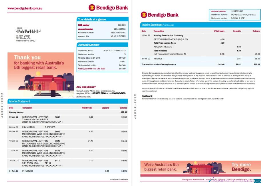 Hochwertige Herunterladen Australien Bendigo Bank Kontoauszug Photoshop Vorlage