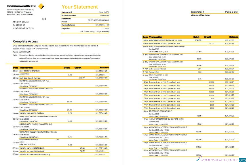 Editierbare Herunterladen Australien Commonwealth Bank Kontoauszug Excel Photoshop Vorlage