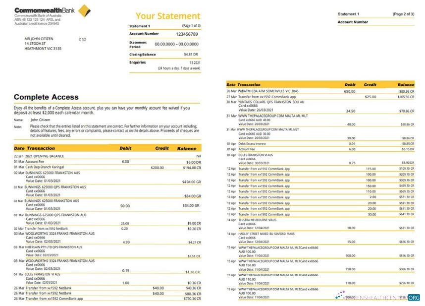 Editierbare Herunterladen Australien Commonwealth Bank Kontoauszug Version 2 Photoshop Vorlage