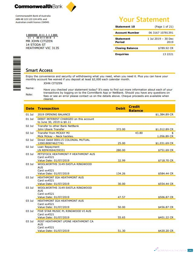 Herunterladen Australien Commonwealth Bank Kontoauszug Word vorschau