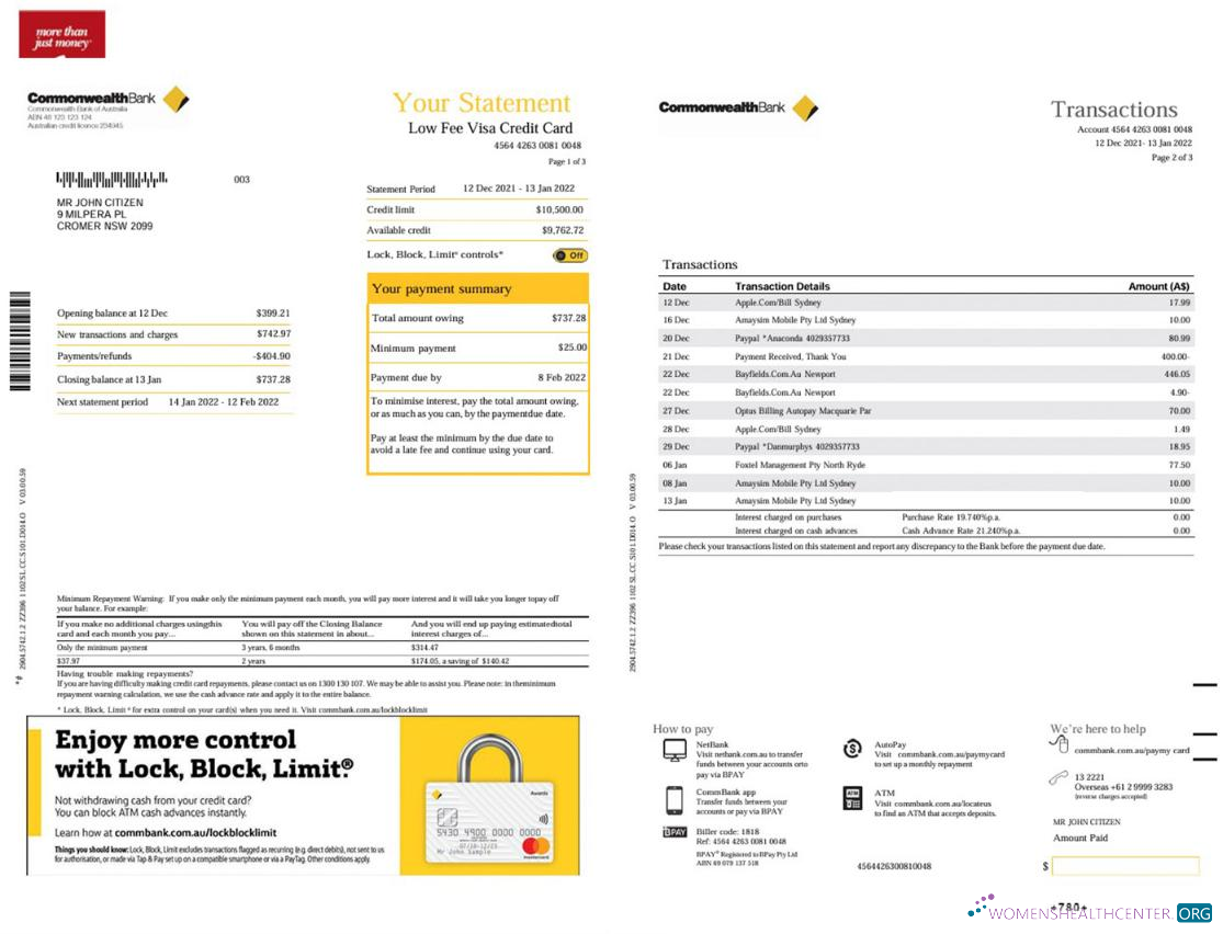 Professionelle Herunterladen Australien Commonwealth Bank Kontoauszug, 3 Seiten Photoshop Vorlage