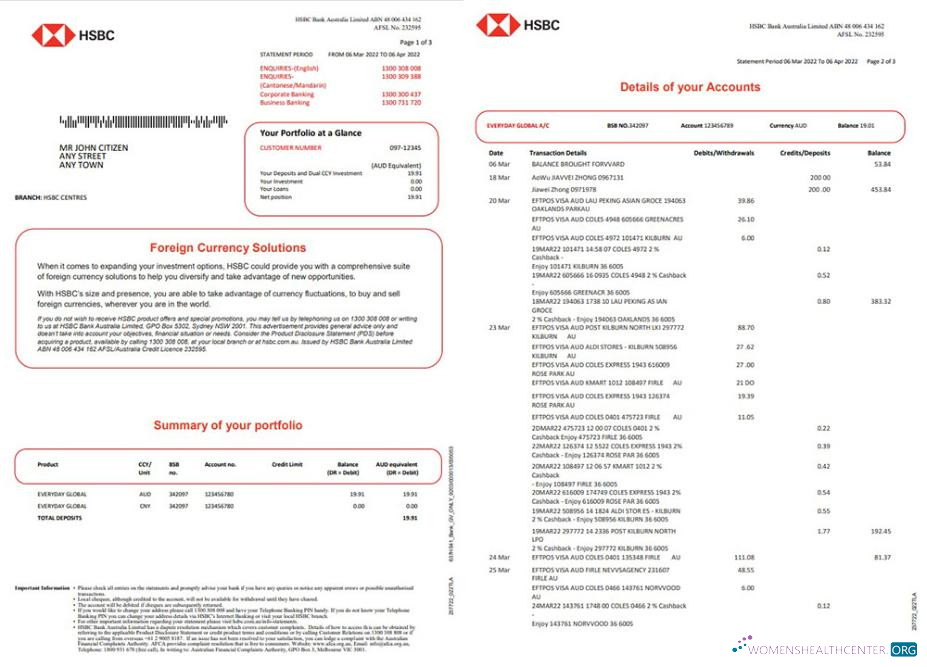 Premium Herunterladen Australien HSBC Bank Kontoauszug 3 Seiten Photoshop Vorlage