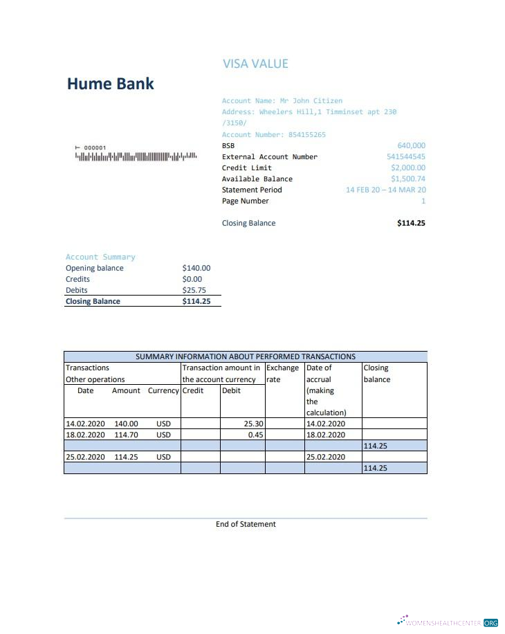 Realistische Herunterladen Australien Humebank Bank Kontoauszug Excel Photoshop Vorlage