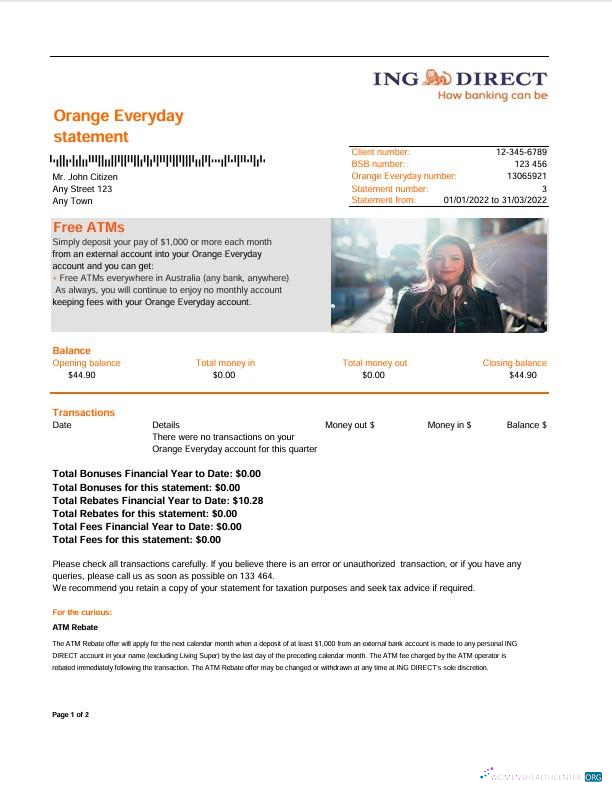 Premium Herunterladen Australien ING Direct Bank Kontoauszug Version 2 Photoshop Vorlage