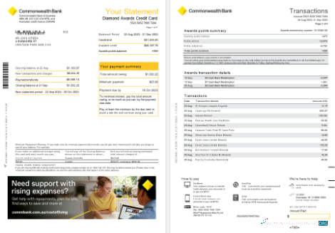 Herunterladen Australien NSW Commonwealth Bank Diamant Awards Kredit Karte Kontoauszug Word design