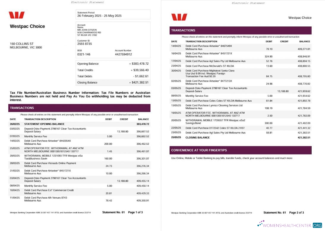 Herunterladen Australien Westpac Bank Kontoauszug 3 Seiten Word vorschau