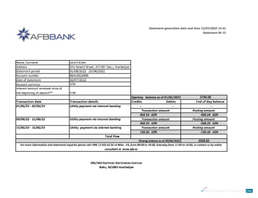 Editierbare Herunterladen Aserbaidschan Afbbank Bank Kontoauszug Excel Photoshop Vorlage