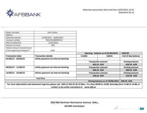 Herunterladen Aserbaidschan Afbbank Bank Kontoauszug Word design