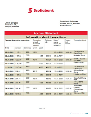 Herunterladen Bahamas Scotiabank Bank Kontoauszug Word modell