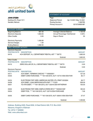 Herunterladen Bahrain Ahli Vereint Bank Kontoauszug Word vorschau