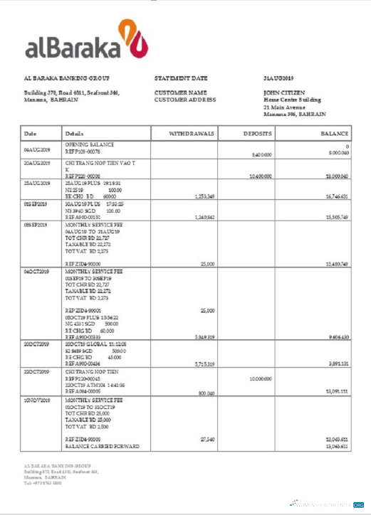 Herunterladen Bahrain Al Baraka Bank Kontoauszug Word modell