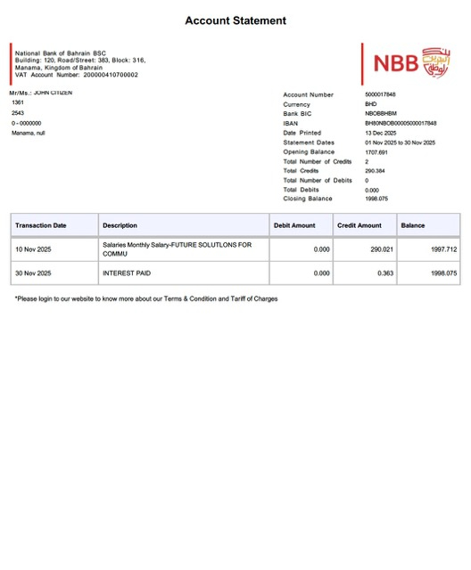 Herunterladen Bahrain National Bank von Bahrain Konto Kontoauszug Word vorlage