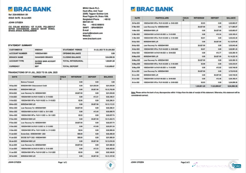 Herunterladen Bangladesch BRAC Bank Konto Kontoauszug Word vorschau