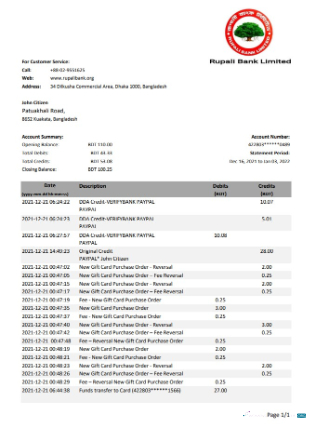 Realistische Herunterladen Bangladesch Rupalii Bank Kontoauszug Excel Photoshop Vorlage