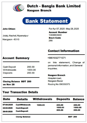 Herunterladen Bangladesch Dutch Bangla Bank GmbH Bank Kontoauszug Word design