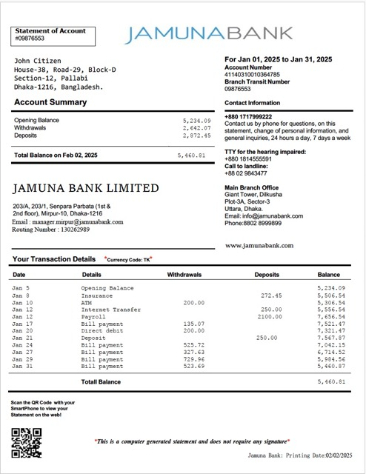 Herunterladen Bangladesch Jamuna Bank Kontoauszug von Konto Word vorschau