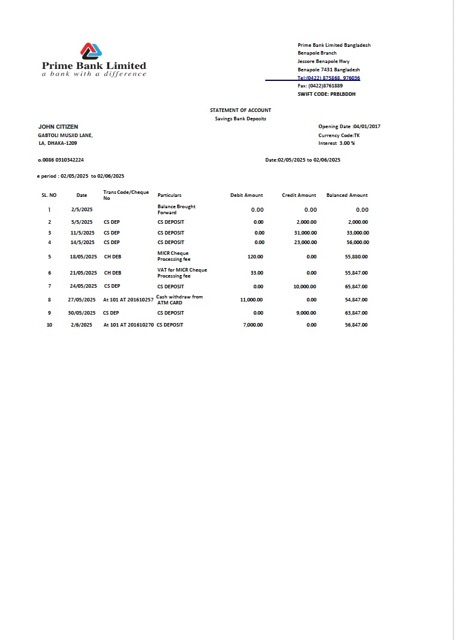 Herunterladen Bangladesch Prime Bank GmbH Kontoauszug von Konto Word Version 2 vorlage