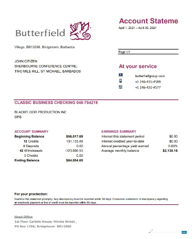 Realistische Herunterladen Barbados Butterfield Bank Kontoauszug Excel Photoshop Vorlage