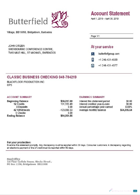 Herunterladen Barbados Butterfield Bank Kontoauszug Word vorlage