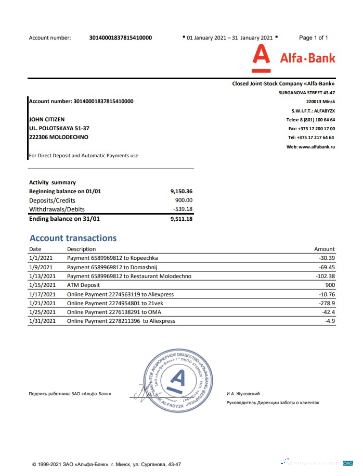 Herunterladen Weißrussland Alfa Bank Kontoauszug Word vorschau