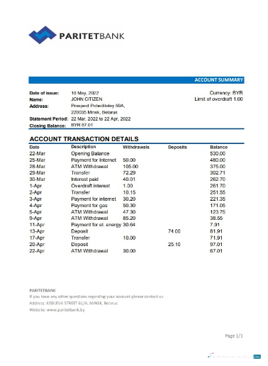 Realistische Herunterladen Weißrussland Paritet Bank Kontoauszug Excel Photoshop Vorlage
