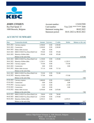 Realistische Herunterladen Belgien KBC Bank Kontoauszug Excel Photoshop Vorlage