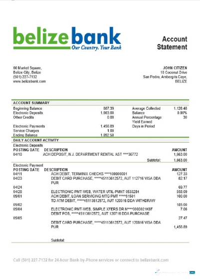 Editierbare Herunterladen Belize Belizebank Bank Kontoauszug Photoshop Vorlage