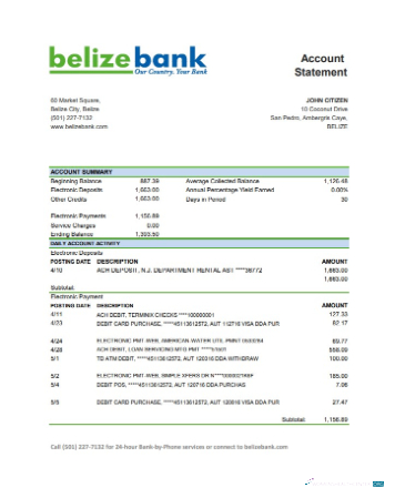 Editierbare Herunterladen Belize Belizebank Bank Kontoauszug Excel Version 2 Photoshop Vorlage