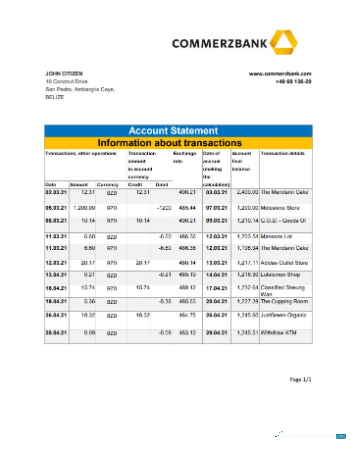 Realistische Herunterladen Belize Commerzbank Bank Kontoauszug Excel Photoshop Vorlage