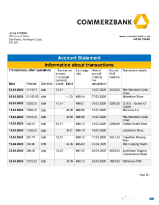 Herunterladen Belize Commerzbank Bank Kontoauszug Word vorlage