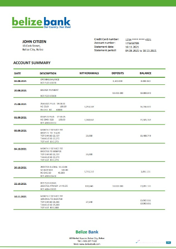 Herunterladen Belize Bank Kontoauszug Word Version 2 modell