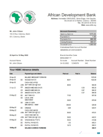 Editierbare Herunterladen Benin African Entwicklung Bank Kontoauszug Excel Photoshop Vorlage