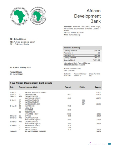 Herunterladen Benin African Entwicklung Bank Kontoauszug Word vorlage