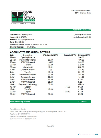 Editierbare Herunterladen Benin Bank von Africa Bank Kontoauszug Excel Photoshop Vorlage