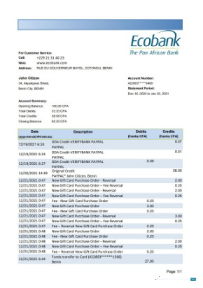 Editierbare Herunterladen Benin Ecobank Bank Kontoauszug Excel Photoshop Vorlage