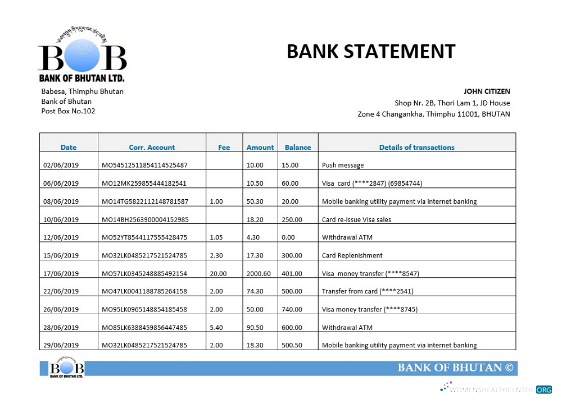 Herunterladen Bhutan Bank von Bhutan Bank Kontoauszug Word modell