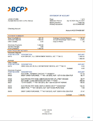 Herunterladen Bolivien Banco de Crédito de Bolivien Bank Kontoauszug Word vorlage
