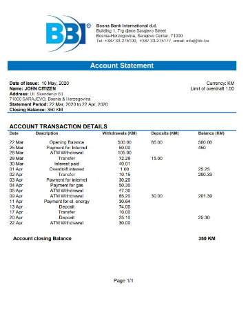 Herunterladen Bosnien und Herzegowina Bosna Bank Internationale Bank Kontoauszug Word vorlage
