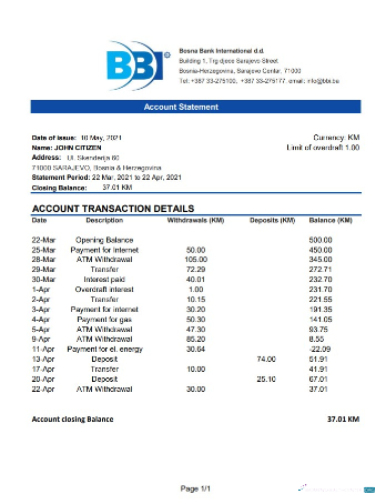 Realistische Herunterladen Bosnien und Herzegowina Bosna Bank Internationale Bank Kontoauszug Excel Photoshop Vorlage