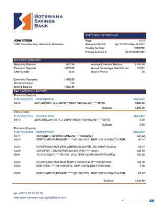 Professionelle Herunterladen Botsuana Sparkonto Bank Kontoauszug Photoshop Vorlage
